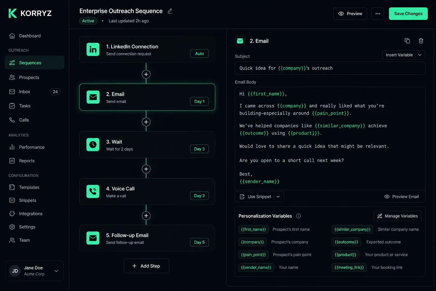 Korryx sequence builder with LinkedIn, email, and voice steps